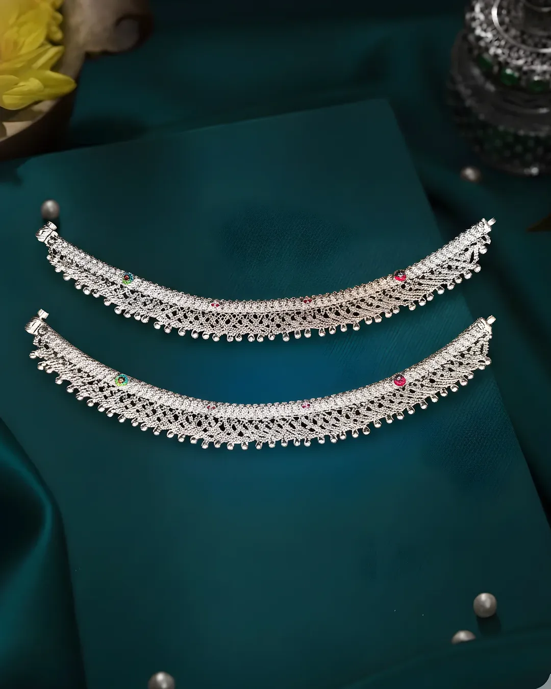 silver anklets and wearable detailing at Bafna Jewellers